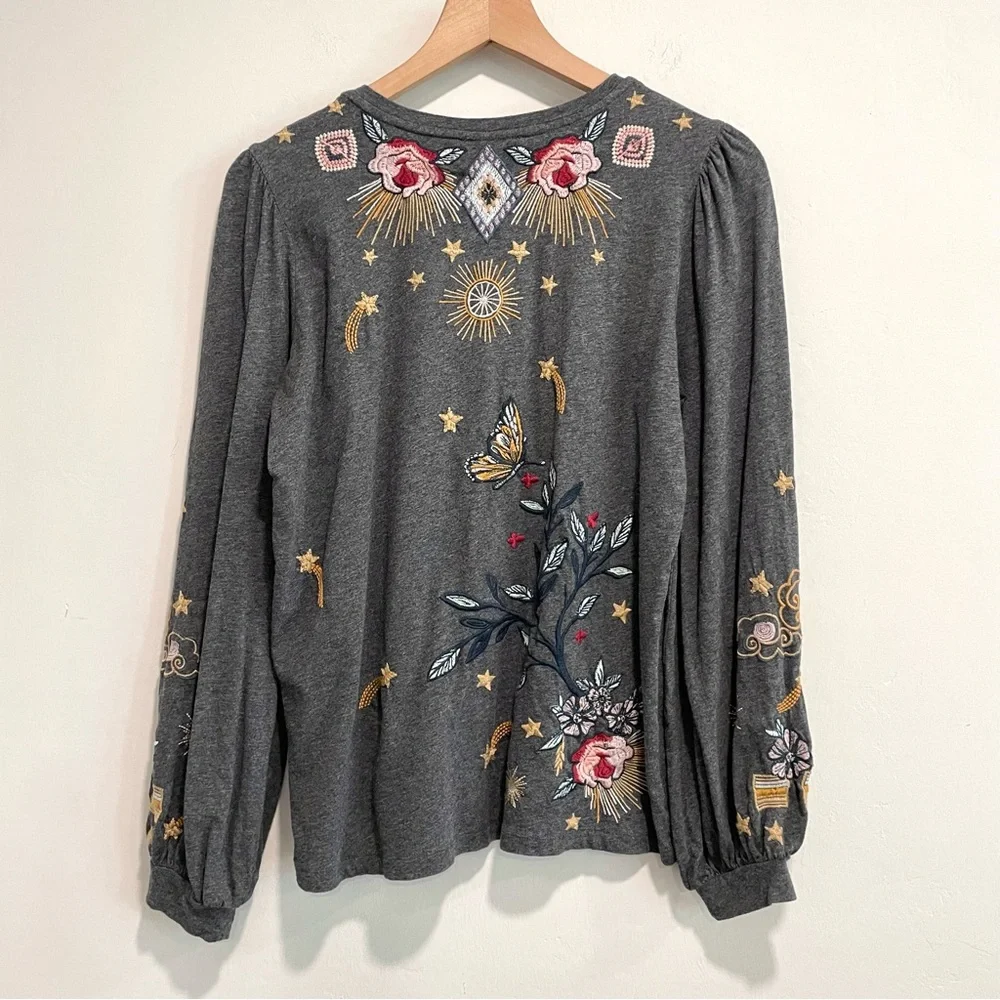 Johnny Was Selah Cuffed Puff Long Sleeve Embroidered Floral Celestial Bird Top